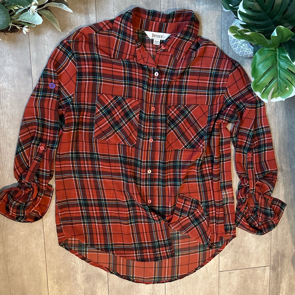 Y2K Decree Plaid Blouse Semi-Sheer Red Teal Yellow Button Front Women’s Medium
